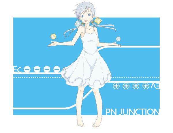 Anime picture 1280x986 with original kawashina (momen silicon) single long hair looking at viewer fringe open mouth blue eyes smile standing twintails silver hair full body :d barefoot text border spread arms blue background english