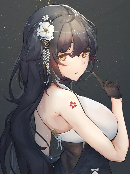 Anime picture 1472x1963 with azur lane azuma (azur lane) azuma (soft voice of spring) (azur lane) yusha (m-gata) single long hair tall image looking at viewer blush fringe breasts black hair simple background hair between eyes large breasts standing bare shoulders yellow eyes payot upper body