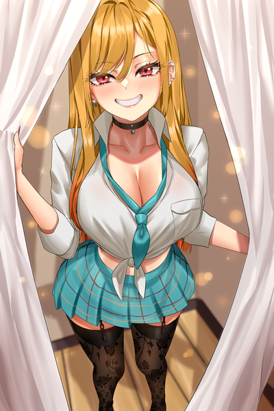 Anime picture 3000x4500 with sono bisque doll wa koi wo suru cloverworks kitagawa marin enmanuelart20 single long hair tall image looking at viewer blush fringe highres breasts light erotic blonde hair smile hair between eyes red eyes large breasts standing cleavage