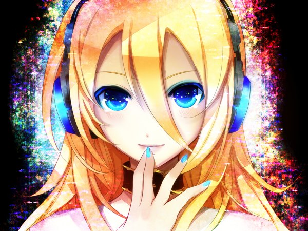 Anime picture 1200x900 with vocaloid lily (vocaloid) yuuki kira single long hair blue eyes blonde hair nail polish face girl headphones