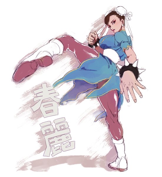 Anime picture 1102x1200 with street fighter capcom chun-li halu-ca single tall image looking at viewer short hair simple background brown hair white background brown eyes hair bun (hair buns) character names lipstick fighting stance pink lipstick girl dress earrings