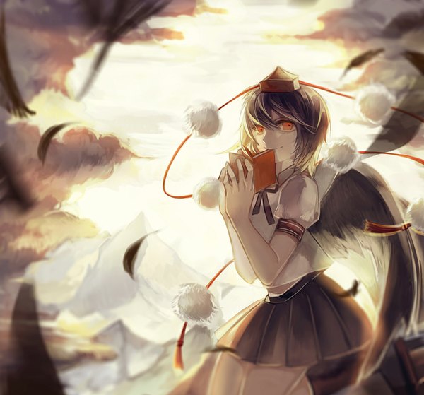 Anime picture 1000x933 with touhou shameimaru aya vima single short hair black hair smile red eyes looking away sky cloud (clouds) mountain black wings girl wings book (books) feather (feathers) tokin hat