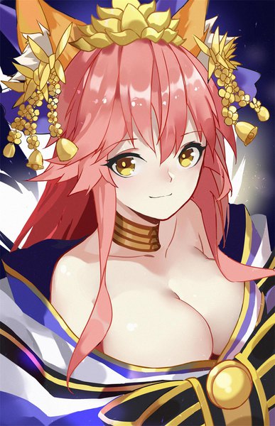 Anime picture 1384x2144 with fate (series) fate/grand order fate/extra tamamo (fate) (all) tamamo no mae (fate) erlge single long hair tall image looking at viewer fringe breasts light erotic hair between eyes large breasts animal ears yellow eyes pink hair cleavage upper body