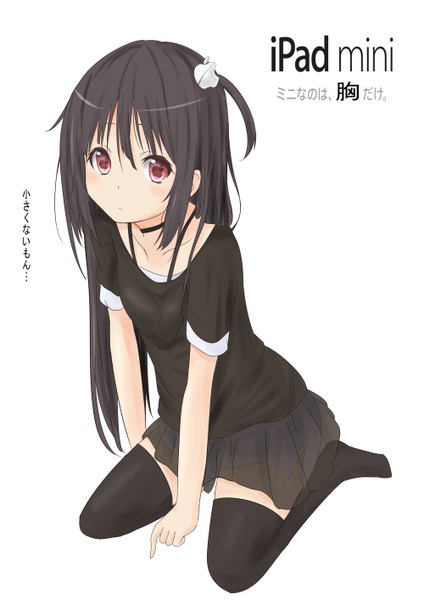 Anime picture 1000x1414 with original apple inc. saku (kudrove) single long hair tall image looking at viewer black hair simple background red eyes white background sitting girl thighhighs skirt black thighhighs miniskirt