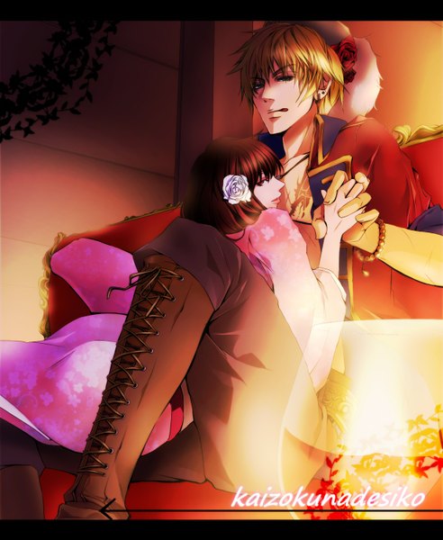 Anime picture 1226x1495 with axis powers hetalia studio deen united kingdom (hetalia) japan (hetalia) tall image looking at viewer short hair blonde hair brown hair sitting brown eyes green eyes traditional clothes japanese clothes profile hair flower open clothes open jacket tattoo couple
