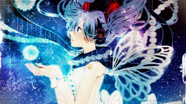 Anime picture 1920x1080 with vocaloid hatsune miku single long hair highres open mouth wide image twintails bare shoulders profile aqua eyes aqua hair blue background insect wings butterfly wings girl flower (flowers) wings headphones scarf