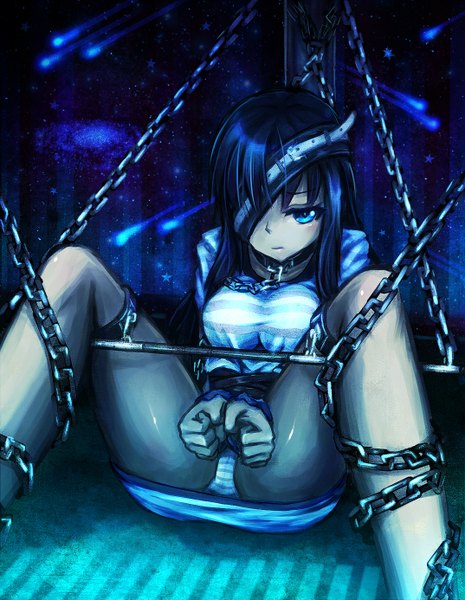 Anime picture 1074x1386 with original samael single long hair tall image looking at viewer blush blue eyes light erotic sitting blue hair spread legs bondage sad restrained girl underwear panties chain