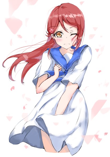 Anime picture 1376x1960 with love live! sunshine!! sunrise (studio) love live! sakurauchi riko natsume single long hair tall image looking at viewer blush fringe simple background standing white background yellow eyes red hair one eye closed hair flower wind girl