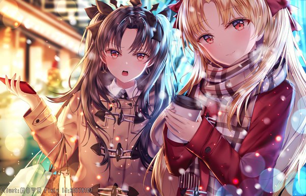 Anime picture 3599x2314 with fate (series) fate/grand order ishtar (fate) ereshkigal (fate) junpaku karen long hair looking at viewer blush fringe highres open mouth black hair blonde hair smile red eyes standing multiple girls holding signed absurdres