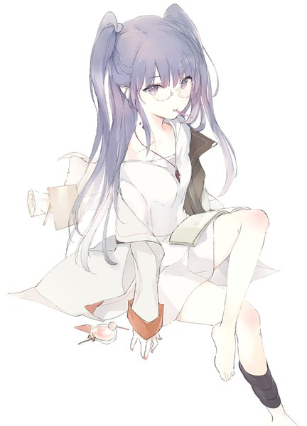 Anime picture 650x903 with original lpip single long hair tall image looking at viewer blush fringe simple background white background sitting purple eyes purple hair nail polish barefoot mole two side up crossed legs food in mouth girl