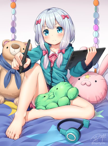 Anime picture 953x1282 with eromanga sensei a-1 pictures izumi sagiri superpig (wlstjqdla) single long hair tall image looking at viewer blush blue eyes light erotic sitting signed silver hair full body bare legs loli girl bow hair bow