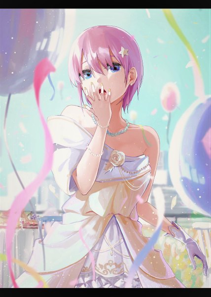 Anime picture 1786x2505 with go-toubun no hanayome nakano ichika hukahito inuyabu cc single tall image looking at viewer fringe highres short hair open mouth blue eyes hair between eyes standing bare shoulders pink hair outdoors nail polish blurry tears