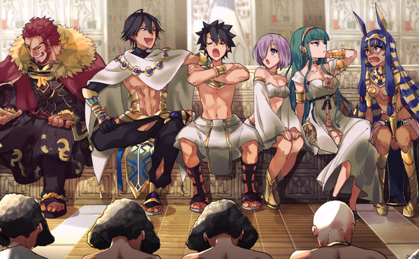 Anime picture 1200x742 with fate (series) fate/grand order fate/zero fate/prototype: fragments of blue and silver fate/prototype mash kyrielight fujimaru ritsuka (male) nitocris (fate) rider (fate/zero) ozymandias (fate) cleopatra (fate/grand order) zeromomo long hair blush fringe short hair breasts open mouth light erotic black hair