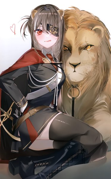 Anime picture 1871x3008 with original miwano rag single long hair tall image looking at viewer blush fringe highres light erotic simple background hair between eyes red eyes brown hair sitting animal ears bent knee (knees) scan hand on hip lacing