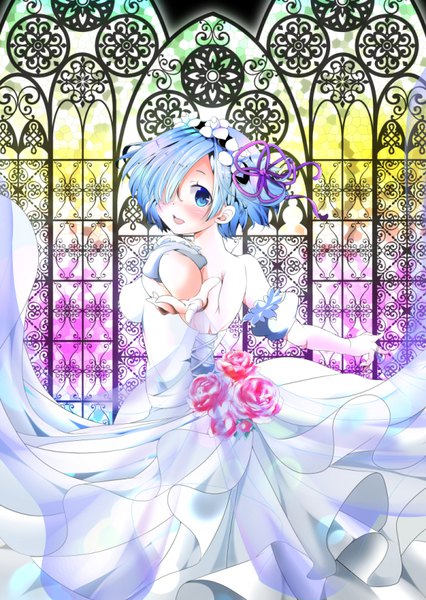 Anime picture 600x845 with re:zero kara hajimeru isekai seikatsu white fox rem (re:zero) jovoj single tall image looking at viewer blush fringe short hair breasts open mouth blue eyes smile standing bare shoulders blue hair indoors looking back hair over one eye