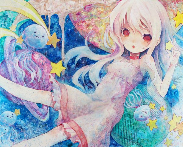 Anime picture 2000x1615 with original nanashina (artist) single long hair looking at viewer blush highres open mouth red eyes white hair girl dress star (symbol) sundress planet jellyfish