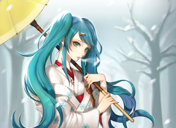 Anime picture 1648x1200 with vocaloid hatsune miku yuki miku yuki miku (2013) aegyo single long hair looking at viewer fringe twintails holding payot sky upper body outdoors long sleeves nail polish traditional clothes parted lips head tilt
