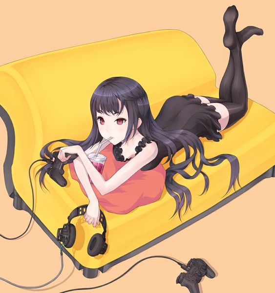 Anime picture 990x1055 with original kazuoki single long hair tall image black hair red eyes lying girl thighhighs dress black thighhighs headphones pillow couch sundress drink