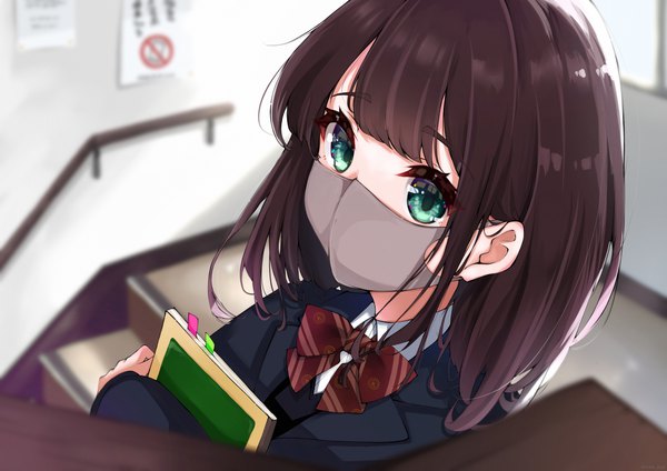 Anime picture 4093x2894 with original kohe billialot single fringe highres short hair brown hair green eyes looking away absurdres indoors from above girl uniform school uniform bowtie stairs surgical mask notebook