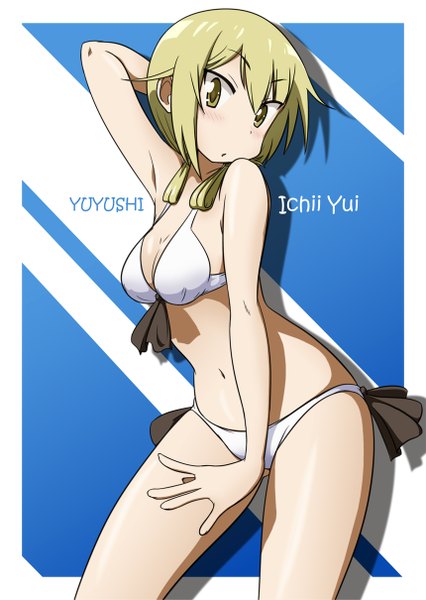 Anime picture 860x1210 with yuyushiki ichii yui cabura 50 single long hair tall image looking at viewer blush fringe light erotic blonde hair hair between eyes twintails yellow eyes payot cleavage shadow copyright name character names low twintails