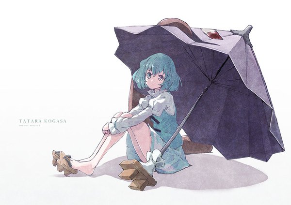 Anime picture 1000x707 with touhou tatara kogasa satyuas single looking at viewer short hair simple background white background sitting full body aqua hair bare legs shadow copyright name character names heterochromia shoes removed girl tongue umbrella
