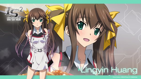 Anime picture 1920x1080 with infinite stratos 8bit fang linyin horii kumi (artist) single long hair looking at viewer blush fringe highres open mouth smile brown hair wide image twintails bare shoulders green eyes wallpaper girl uniform