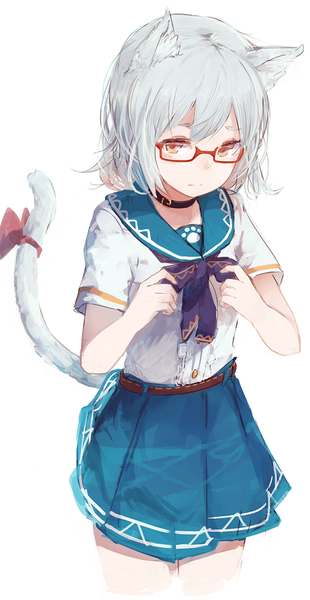 Anime picture 678x1311 with original makihitsuji single tall image looking at viewer fringe short hair simple background hair between eyes red eyes standing white background animal ears tail animal tail pleated skirt grey hair cat ears cat girl cat tail