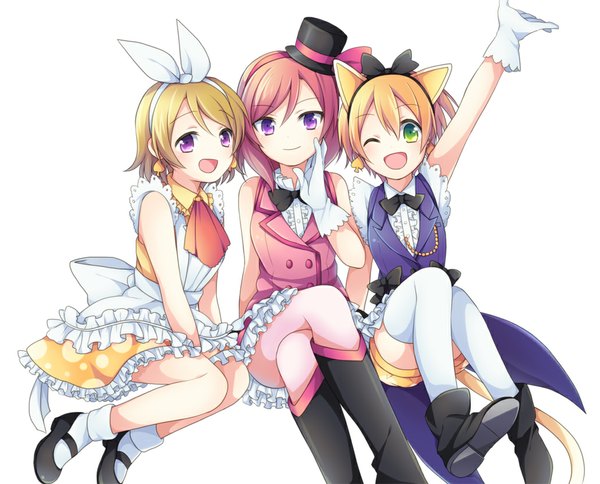 Anime picture 1031x833 with love live! school idol project sunrise (studio) love live! nishikino maki hoshizora rin koizumi hanayo soranagi looking at viewer blush short hair open mouth blonde hair white background purple eyes multiple girls green eyes animal ears purple hair one eye closed wink