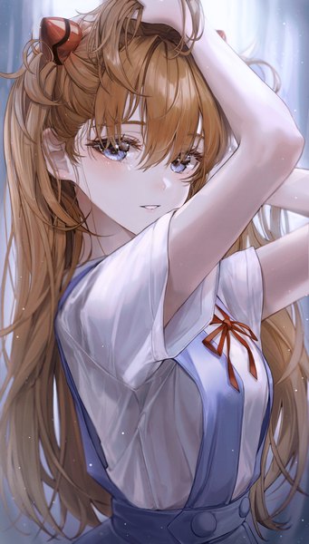 Anime picture 1739x3060 with neon genesis evangelion gainax soryu asuka langley bbeedol single long hair tall image looking at viewer blush fringe highres blue eyes smile hair between eyes upper body parted lips orange hair arms up short sleeves adjusting hair