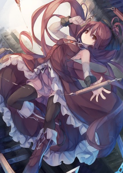 Anime picture 1254x1771 with mahou shoujo madoka magica shaft (studio) sakura kyouko fal maro single long hair tall image red eyes ponytail red hair girl thighhighs dress bow black thighhighs hair bow detached sleeves boots