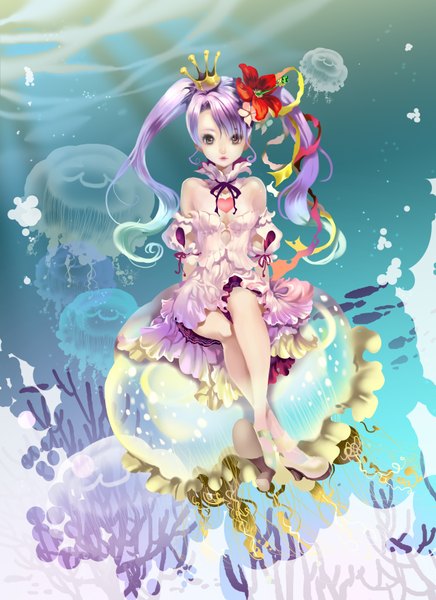 Anime picture 2552x3508 with original chushengdao single long hair tall image looking at viewer fringe highres sitting twintails bare shoulders brown eyes cleavage multicolored hair arm support lipstick crossed legs floating hair reflection gradient hair