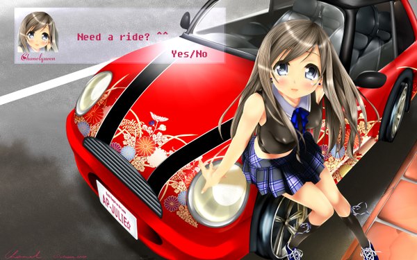 Anime picture 2560x1600 with kantoku single long hair highres blue eyes brown hair wide image girl skirt earrings miniskirt socks ground vehicle car