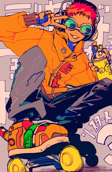 Anime picture 2603x3978 with jet set radio sega beat (jsr) mago oowarawa single tall image looking at viewer highres short hair smile red hair character names grin victory squat boy headphones goggles roller skates
