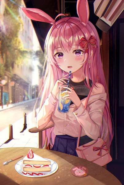 Anime picture 968x1440 with original yulha 06 single long hair tall image looking at viewer blush fringe open mouth sitting purple eyes animal ears pink hair ahoge outdoors blunt bangs long sleeves fingernails off shoulder bunny ears