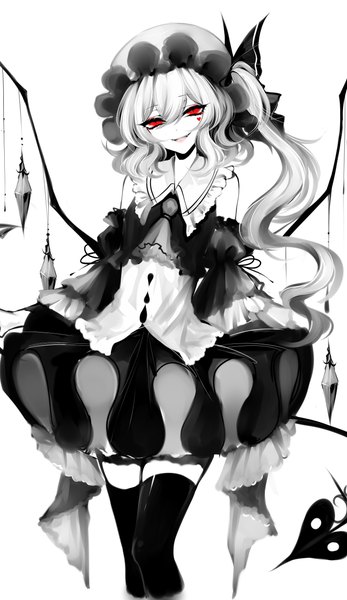 Anime picture 2200x3800 with touhou flandre scarlet sheya single long hair tall image looking at viewer fringe highres open mouth simple background smile hair between eyes red eyes white background one side up monochrome spot color girl thighhighs