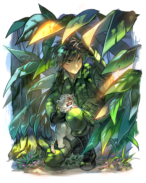 Anime picture 800x1000 with full metal panic! gonzo sagara sousuke lorein single tall image fringe short hair black hair hair between eyes brown eyes looking away outdoors arm up sunlight turning head squat transparent background nature lace-up boots