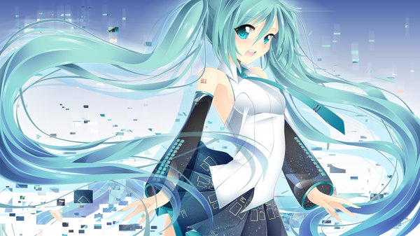 Anime picture 1920x1080 with vocaloid hatsune miku l-edogawa looking at viewer blush fringe highres open mouth hair between eyes wide image twintails bare shoulders very long hair pleated skirt aqua eyes aqua hair teeth tattoo girl skirt