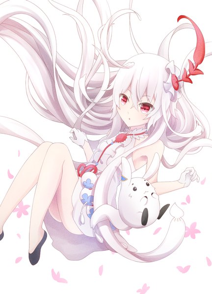 Anime picture 1800x2500 with last period choko (last period) tanenlin1010 single long hair tall image blush fringe highres open mouth simple background hair between eyes red eyes white background bare shoulders looking away full body ahoge bent knee (knees) white hair