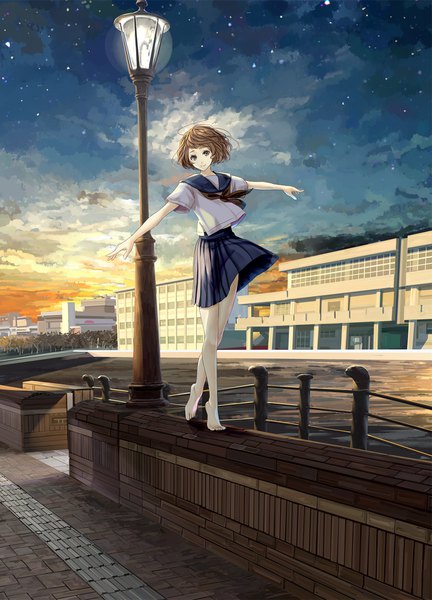 Anime picture 1224x1698 with kimi o wasurenai tame no itsutsu no omoide mikipuruun no naegi single tall image looking at viewer short hair brown hair brown eyes full body pleated skirt barefoot wind night official art night sky spread arms skirt flip girl skirt uniform