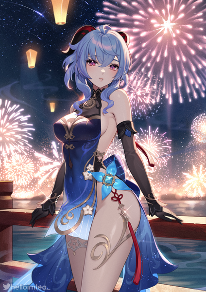 Anime picture 848x1200 with genshin impact ganyu (genshin impact) ganyu (twilight blossom) (genshin impact) helloimtea single tall image looking at viewer fringe short hair breasts light erotic hair between eyes purple eyes signed blue hair ahoge outdoors horn (horns) no bra sparkle