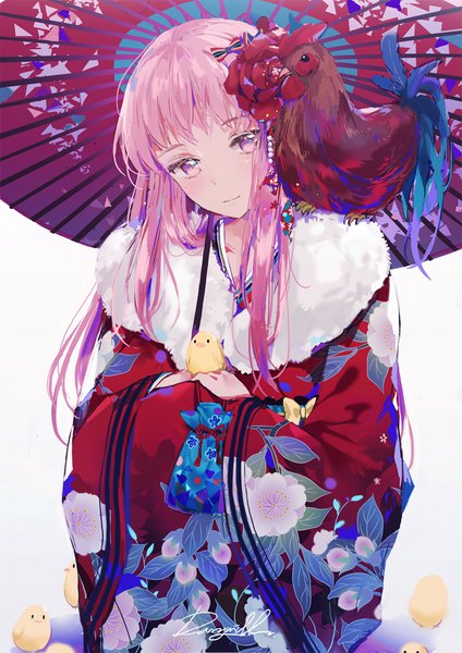 Anime picture 800x1132 with original dangmill single long hair tall image blush fringe white background signed pink hair traditional clothes head tilt japanese clothes pink eyes hair flower wide sleeves floral print new year animal on shoulder bird on hand