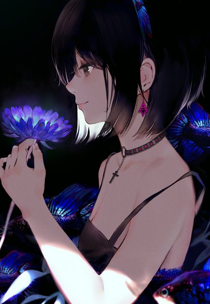 Anime picture 630x910 with original hisahisahisahisa single tall image fringe short hair black hair simple background smile hair between eyes bare shoulders holding brown eyes payot looking away upper body profile sleeveless black background strap slip