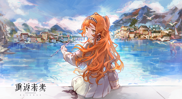 Anime-Bild 2498x1358 mit reverse:1999 sonetto (reverse:1999) csyday single long hair highres wide image sitting green eyes looking away looking back from behind orange hair official art two side up copyright name girl hairband picture