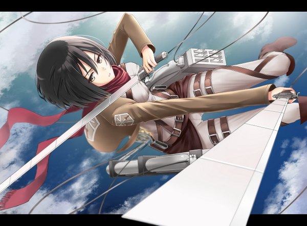 Anime picture 1354x1000 with shingeki no kyojin production i.g mikasa ackerman fame peera famepeera single looking at viewer short hair open mouth black hair holding cloud (clouds) black eyes dual wielding girl weapon sword scarf red scarf