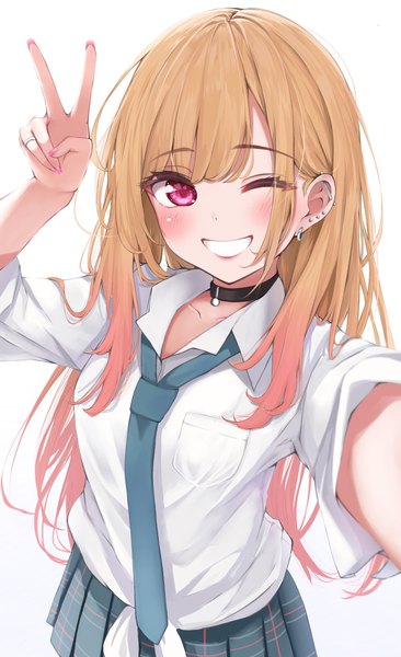 Anime picture 2191x3591 with sono bisque doll wa koi wo suru cloverworks kitagawa marin kohe billialot single long hair tall image looking at viewer blush highres simple background blonde hair smile white background purple eyes nail polish one eye closed wink grin piercing