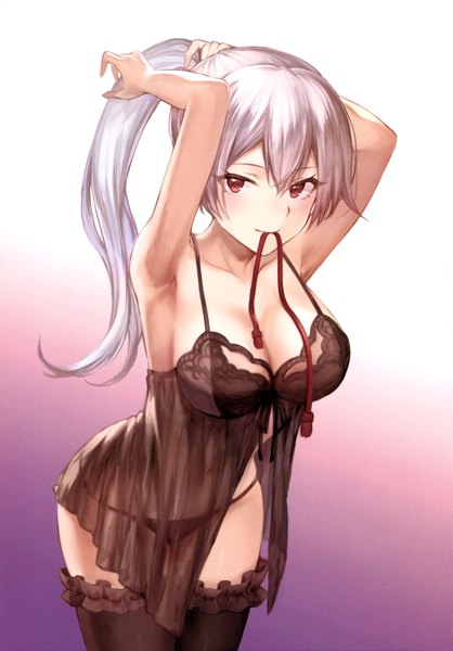 Anime picture 4851x6965 with fate (series) fate/grand order tomoe gozen (fate) mashuu (neko no oyashiro) single long hair tall image looking at viewer blush fringe highres breasts light erotic simple background hair between eyes red eyes large breasts standing holding absurdres