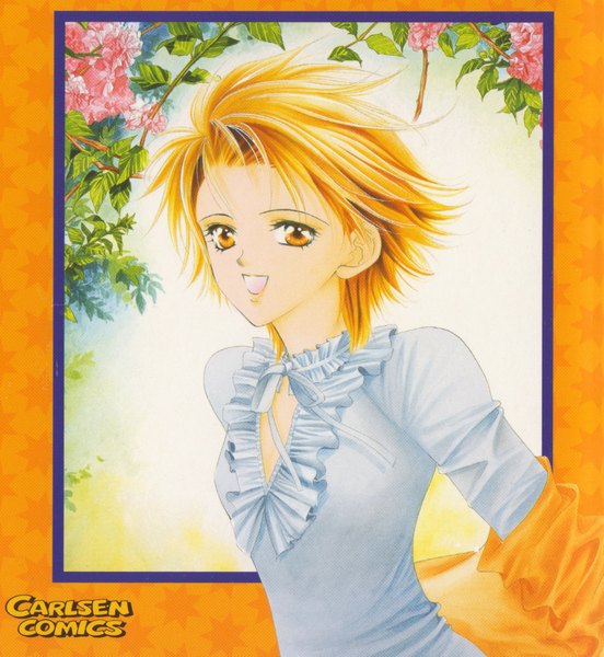 Anime picture 1697x1845 with skip beat! mogami kyoko tall image short hair open mouth smile scan orange hair framed girl flower (flowers) bow ribbon (ribbons) blouse