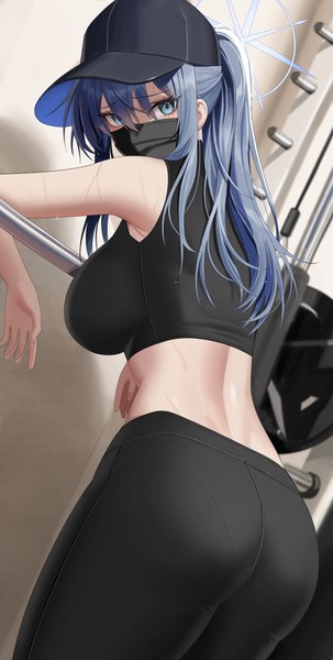 Anime picture 3000x5943 with blue archive saori (blue archive) re-leaf single long hair tall image looking at viewer fringe highres breasts blue eyes light erotic hair between eyes large breasts standing payot blue hair ass ponytail indoors
