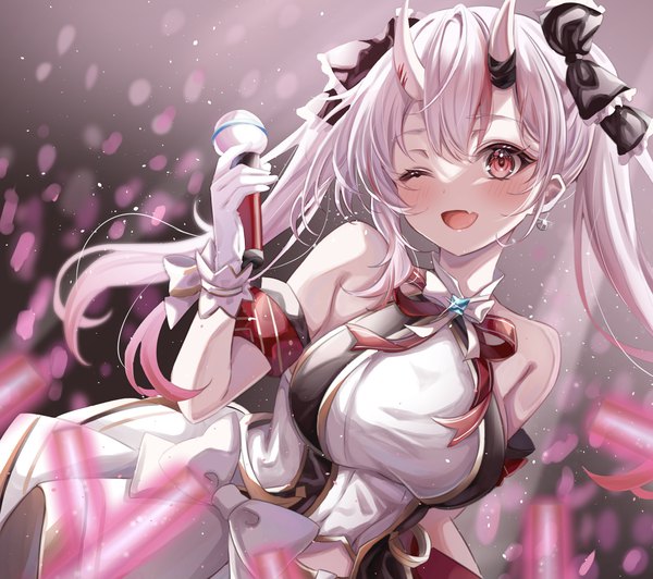 Anime picture 1942x1723 with virtual youtuber hololive nakiri ayame sa-ya2 single long hair blush fringe highres open mouth hair between eyes red eyes twintails silver hair multicolored hair horn (horns) streaked hair official alternate costume ;d oni horns