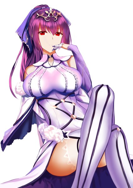Anime picture 2894x4093 with fate (series) fate/grand order scathach (fate) (all) scathach skadi (fate) an yasuri single long hair tall image looking at viewer fringe highres breasts light erotic simple background hair between eyes large breasts white background sitting ponytail fur trim